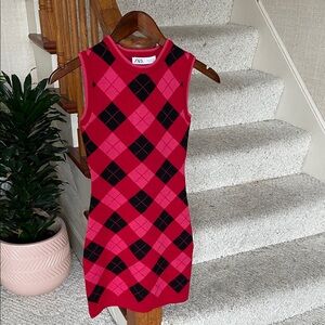 Zara Pink and Black Argyle Mini Dress